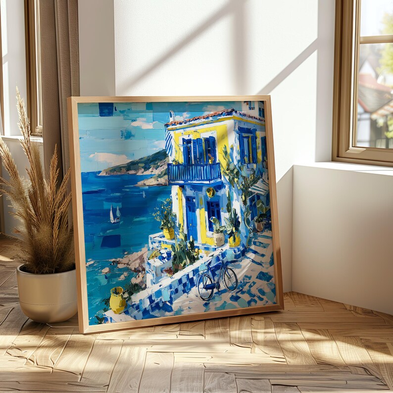 Greek Coastal House Art Print Mediterranean Sea View Wall Art Blue ...