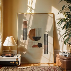 Bauhaus kunstprint, geometrische abstracte muurdecoratie, primaire kleuren, modernistische stijl, mid-century, woonkamer, gedurfde vormen, minimalistische decoratie, Bauhaus kunstwerk