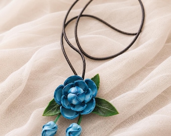 Blue Flower Genuine Leather Bag Charm, Handmade Car Rearview Mirror Ornament, Floral Purse Pendant, Cottagecore Car Hanging Decor Gift