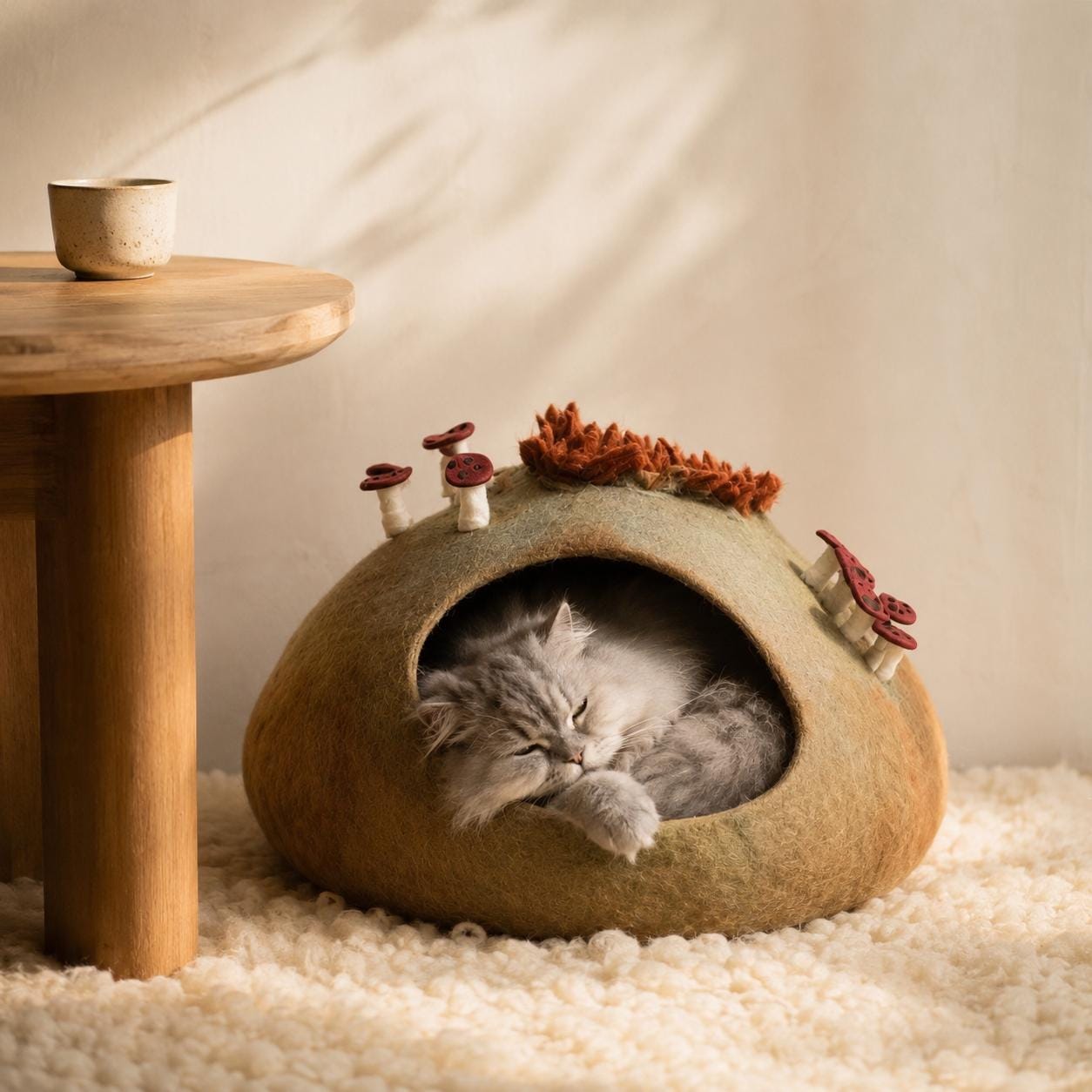 Mushroom Wool Felt Cat Cave * Large Semi-Enclosed Pet Bed * Hand-Felted Cozy Cat House * Natural Sheep Cat Den * Cat Mom Housewarming Gift