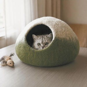 May include: A dome-shaped felted wool cat cave with a gradient color scheme transitioning from cream at the top to olive green at the base. A grey tabby cat with green eyes is visible inside the circular opening. A small feathered toy is nearby.