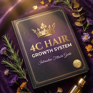 May include: A book titled "4C Hair Growth System" with a gold crown illustration on the cover. The book is on a purple velvet surface, surrounded by flowers and a bottle of oil. The text "Interactive Fillable Guide" is also visible.