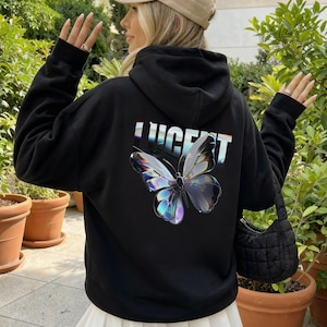 Lucent Schmetterling Hoodie, Y2K Streetwear Übergroßer Hoodie, Chrom Schmetterling Cyber Ästhetischer Grafik Hoodie, Geschenk für Sie