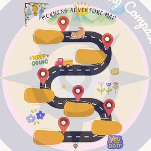 May include: A Morning Adventure Map graphic featuring a winding black road with six blank yellow text boxes, red location pins, a small orange truck, a ginger cat, and illustrations of birds, mountains, flowers, and the text Keep Going and You Can Do It.