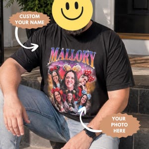 May include: Black t-shirt with the name "Mallory" in a colourful, retro font. The shirt features a graphic of several women wearing mouse ears. The words "Custom Your Name" and "Your Photo Here" are also visible.