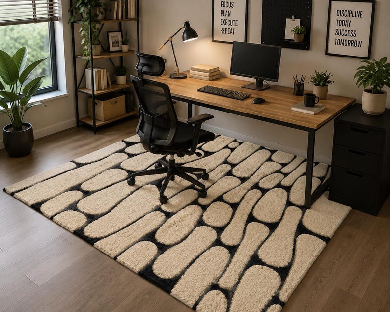 Puede incluir: Una alfombra rectangular con un patr&oacute;n de alto contraste de formas redondeadas de color crema, similares a guijarros, separadas por canales de color negro intenso. La alfombra est&aacute; colocada sobre un suelo de madera bajo un escritorio.