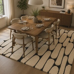 Puede incluir: Una alfombra rectangular con un patr&oacute;n repetitivo de formas oblongas redondeadas de color crema sobre un fondo gris oscuro. La alfombra est&aacute; colocada debajo de una mesa de comedor de madera con seis sillas y cubiertos en una habitaci&oacute;n.
