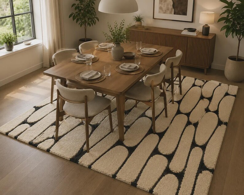 Puede incluir: Una alfombra rectangular con un patr&oacute;n repetitivo de formas oblongas redondeadas de color crema sobre un fondo gris oscuro. La alfombra est&aacute; colocada debajo de una mesa de comedor de madera con seis sillas y cubiertos en una habitaci&oacute;n.