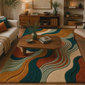 Puede incluir: Una colorida alfombra con un diseño abstracto ondulado en tonos turquesa, naranja, amarillo y crema. La alfombra está colocada en un salón con una mesa de centro de madera y un sofá crema. Dimensiones: aprox. 200 cm x 300 cm.