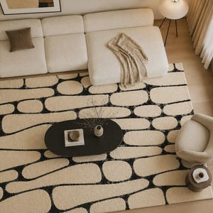 Alfombra moderna abstracta tejida a mano de lana de Nueva Zelanda, alfombra negra y marfil, alfombra contemporánea de lujo, alfombra escandinava para sala de estar, alfombra personalizada imagen 3
