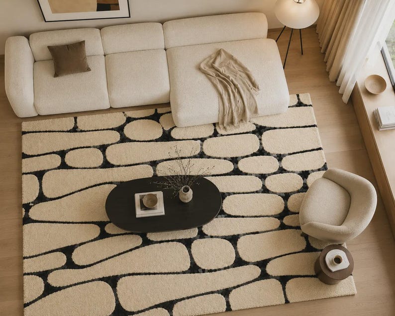 Alfombra moderna abstracta tejida a mano de lana de Nueva Zelanda, alfombra negra y marfil, alfombra contemporánea de lujo, alfombra escandinava para sala de estar, alfombra personalizada imagen 3