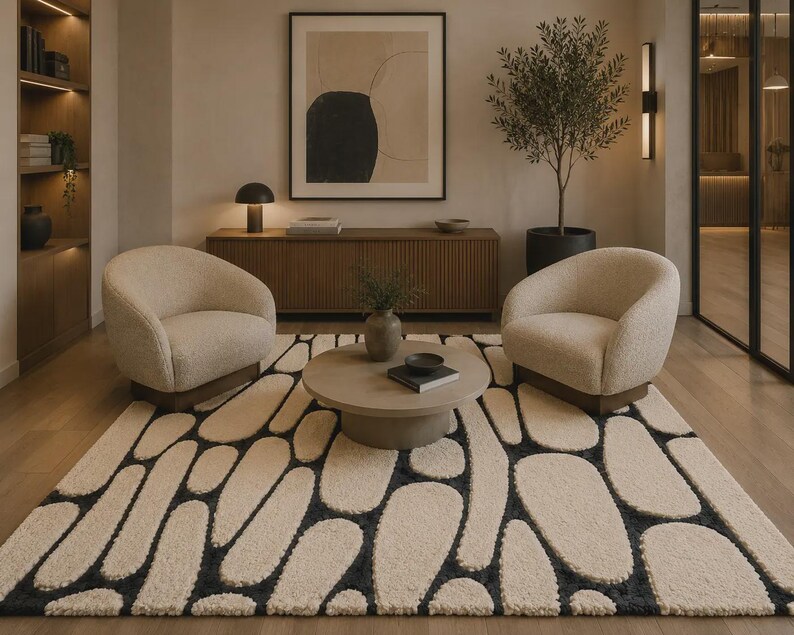 Alfombra moderna abstracta tejida a mano de lana de Nueva Zelanda, alfombra negra y marfil, alfombra contemporánea de lujo, alfombra escandinava para sala de estar, alfombra personalizada imagen 6