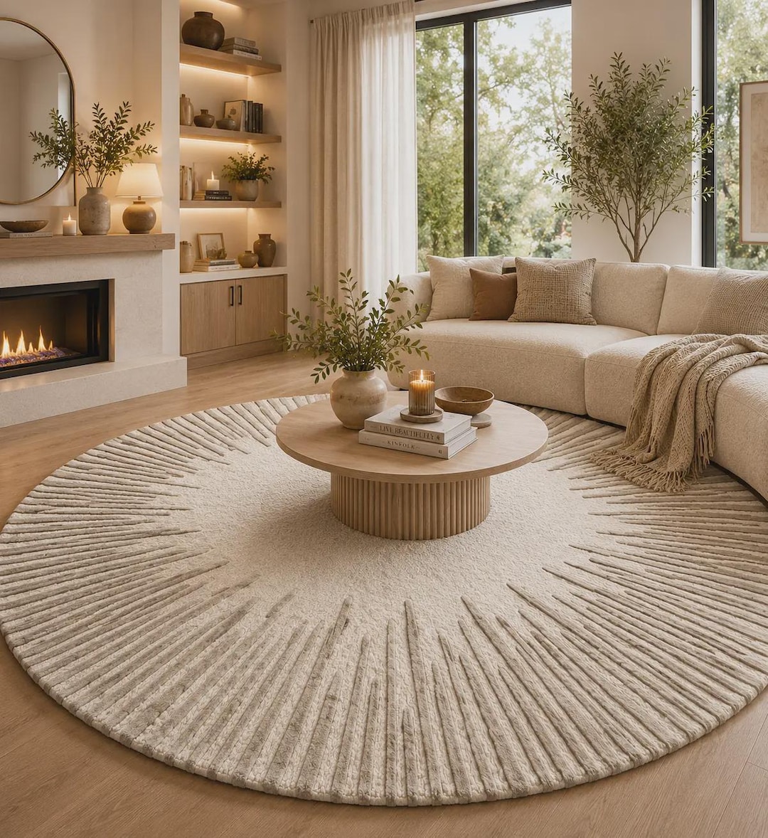 Custom Circular Rugs Round Hand Tufted New Zealand Wool Rug, Ivory Sunburst Area Rug, Modern ...
