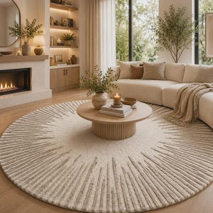 May include: A large, round, cream-colored area rug featuring a textured, sunburst-inspired pattern with radiating lines that extend from the center toward the outer edges, creating a distinct visual contrast between the smooth center and the raised pile.