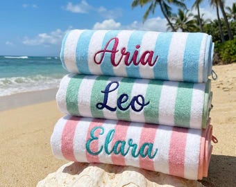 Personalized Beach Towels, Custom Name Cabana Stripe Towel, Embroidered Pool Towel for Kids & Adults, Family Vacation Beach Gear Summer 2026