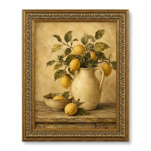 May include: A framed still life painting featuring a cream-colored pitcher filled with lemon branches. A small bowl of lemons sits nearby. The painting has a warm, neutral color palette with a gold ornate frame.