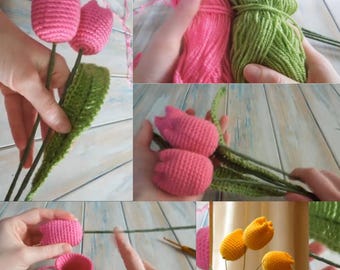 Crochet Tulip Pattern,  Easy Crochet Flowers, DIY Flower Bouquet Digital Download Tutorial,
