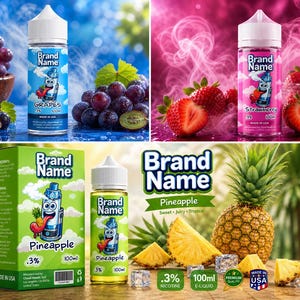 Könnte beinhalten: E-Liquid-Flaschen mit Fruchtaromen wie Traube, Erdbeere und Ananas. Jede Flasche hat eine Cartoonfigur und den Markennamen. Das Bild zeigt auch frische Trauben, Erdbeeren und Ananasstücke.