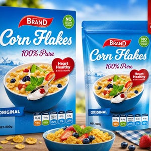 May include: A blue box and pouch of "Brand" Corn Flakes, 100% Pure, with a bowl of cereal topped with fruit. The box and pouch have a heart-shaped graphic that says "Heart Healthy". A jug of milk and a bowl of honey are also visible.