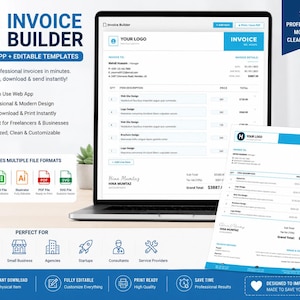 May include: A laptop displaying an invoice template with the text "Invoice Builder." The design features a clean, modern layout with blue accents. Additional text includes "Web App + Editable Templates" and file format icons.