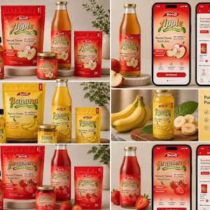 May include: A product display featuring apple, banana, and strawberry flavored juice. The image showcases bottles, jars, and pouches of juice, along with mobile phone screens displaying the product. Fresh fruit is also present.