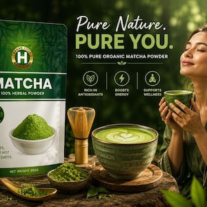 May include: An image showcasing matcha products. A bag of matcha powder, a bowl of matcha, a whisk, and a woman holding a cup of matcha. The text reads "Pure Nature. PURE YOU. 100% Pure Organic Matcha Powder."