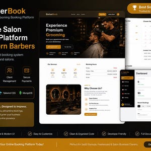 May include: A website design for a salon booking platform, "BarberBook." The design features a dark theme with gold accents, showcasing the platform's features, including online booking, client management, and secure payments. The text reads "Complete Salon Booking Platform For Modern Barbers."