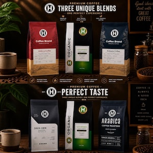 May include: An advertisement for premium coffee featuring three unique blends. The image showcases coffee bags in red, black, and white, with text labels like "Arabica Coffee" and "Organic." A coffee cup and beans are also visible.