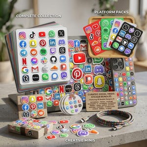 Könnte beinhalten: Eine Sammlung von Social-Media-Icon-Aufklebern mit 3D-Bubble-Designs verschiedener Plattformen wie Instagram, TikTok, YouTube und X. Das Set enthält Bögen, einzelne Mini-Aufkleber, eine Handyhülle und ein Schild mit der Aufschrift Curated Social Media Sticker Bundles.