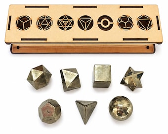 Natural Pyrite Sacred Geometry Set • 7 Shapes, Wooden Display Stand, Wealth Protection الطاقة