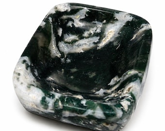 Natural Moss Agate Crystal Bowl, Hand-Carved Gemstone Trinket Dish, Jewelry Holder, Home Decor