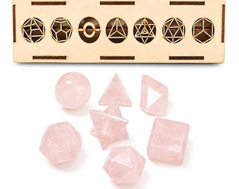 Rose Quartz Sacred Geometry Set, Platonic Solids Crystal Collection, Reiki Healing Stones, Meditation Gift, Wooden Display Box