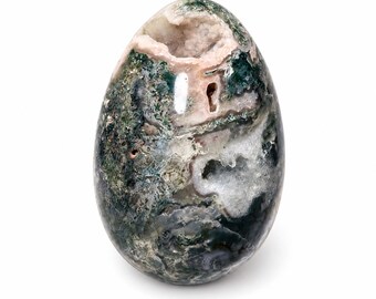 190mm Large Moss Agate Egg Crystal Sculpture | Druzy Geode Natural Healing Stone Home Decor