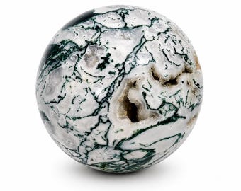 110mm Tree Agate Druzy Sphere | Natural Crystal Ball, Green Dendritic Patterns, Collector Gemstone
