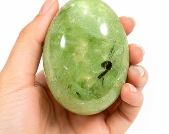 Natural Prehnite Palm Stone, Heart Chakra Healing Crystal, Polished Green Worry Stone