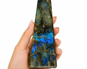 Large Blue Flash Labradorite Obelisk Tower | 5 Inch Polished Crystal Point, Home Decor