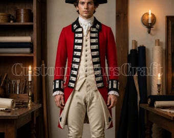 Uniforme de oficial británico de casacas rojas del siglo XVIII / Abrigo militar colonial de lana de la Guerra de la Independencia / Traje de recreación histórica para hombre / Abrigo a medida
