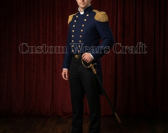 男性用英国軍将校コート｜ネイビーブルーのウール製植民地時代の制服｜18世紀再現ジャケット｜ナポレオン時代の正装コートと肩章