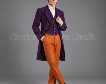 Men’s Purple Victorian Tailcoat Suit | Wool Frock Coat Vest & Orange Trousers | Gothic Gentleman Costume | Theatre Wedding Outfit | Handmade