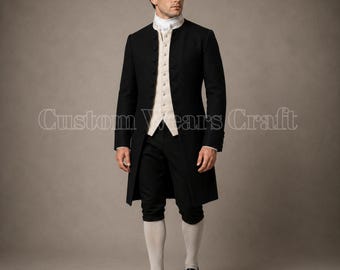 Black Colonial Frock Coat Men's Georgian Costume | 18th Century Gentleman Suit | Regency Tailcoat Outfit | Historical Wear