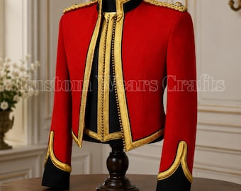Britse Life Guards-tuniek | Rode wollen militaire ceremoniële jas | Cavalerie-uniform Koninklijk Huis met gouden rand | Aangepaste jas