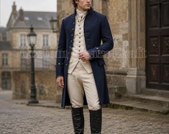 Men’s 18th Century Navy Wool Coat & Breeches Set | Colonial Reenactment Outfit | American Revolution Costume | Custom Made