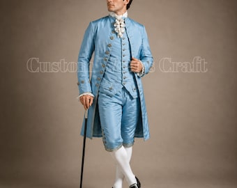 18th Century Colonial Gentleman Suit | Blue Wool Georgian Frock Coat & Breeches | American Revolution Reenactment Costume