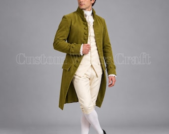 Men’s 18th Century Olive Frock Coat | Georgian Gentleman Costume | Regency Historical Reenactment Coat | Vest & Breeches Set | Custom Made