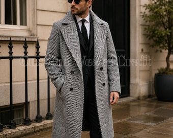 Grijze tweed herenjas met visgraatmotief | Double-breasted wollen jas | Vintage lange winterjas | Peaky-stijl overjas heren