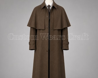 Men’s Brown Wool Inverness Cape Coat | Victorian Gothic Overcoat | Steampunk Sherlock Style Long Coat | Historical Winter Costume