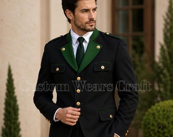 Men's Black Bavarian Trachten Jacket Green Lapel | Oktoberfest Loden Blazer | German Alpine Hunting Coat | Tyrolean Wedding