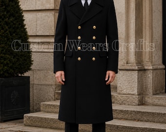 Zwarte double-breasted wollen jas voor heren | Lange jas in militaire stijl | Formele winterjas | Victoriaanse jurkjas