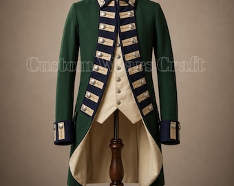 British Revolutionary War Officer Coat | 18th Century Green Military Uniform | Colonial Regimental  Tailcoat | Historical Reenactment Jacket