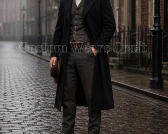 Handmade Black Tombstone Frock Coat for Men | Victorian Western Duster Coat | Old West Cowboy Long Coat | Gothic Wool Overcoat